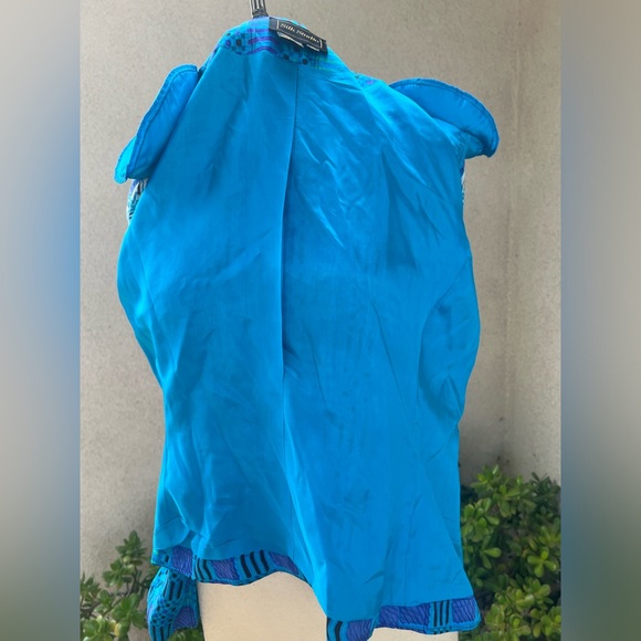 Silk studio blazer jacket blues geometric print lined Sz 14 - Picture 6 of 10